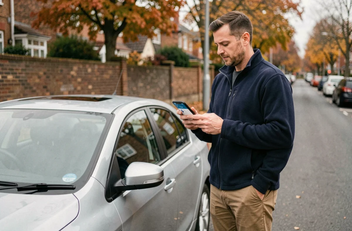 Homme professionnel vérifiant une application de suivi kilométrique sur smartphone à côté de sa voiture pour déclarer ses trajets professionnels