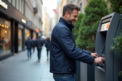 Homme souriant retirant de l'argent &agrave; un distributeur en ville