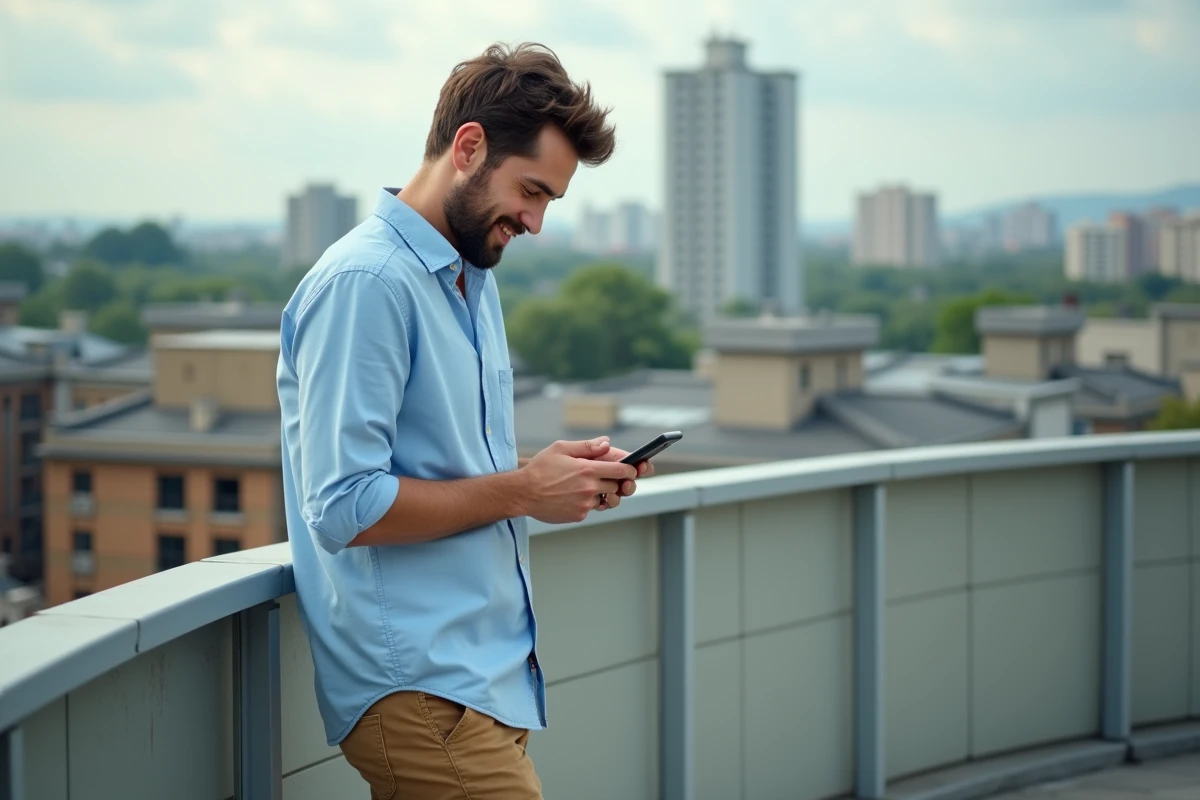 Homme en chemise sur un balcon urbain utilisant son smartphone