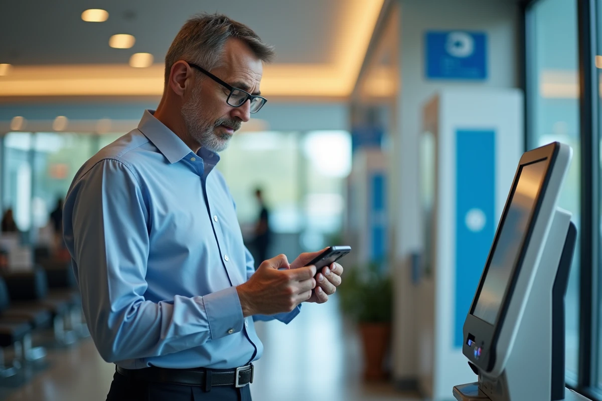 Homme d age utilisant un terminal bancaire avec smartphone