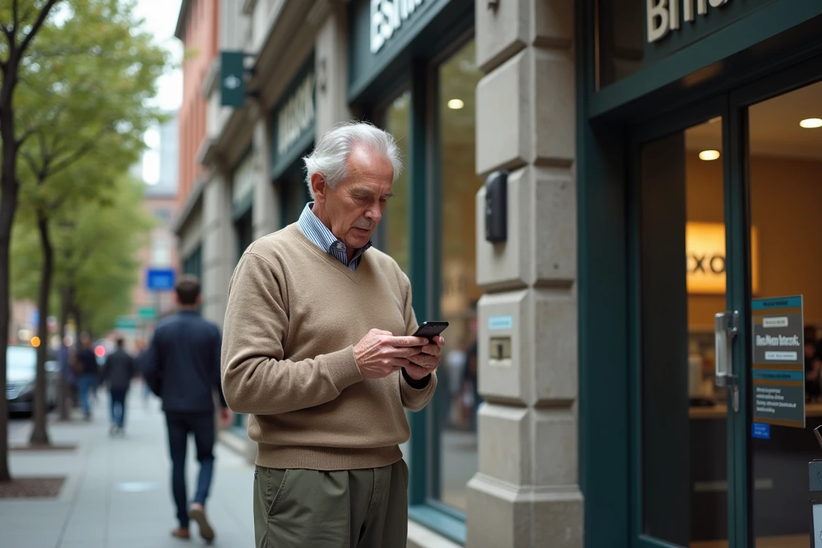 Homme &acirc;g&eacute; v&eacute;rifiant son t&eacute;l&eacute;phone devant une banque urbaine