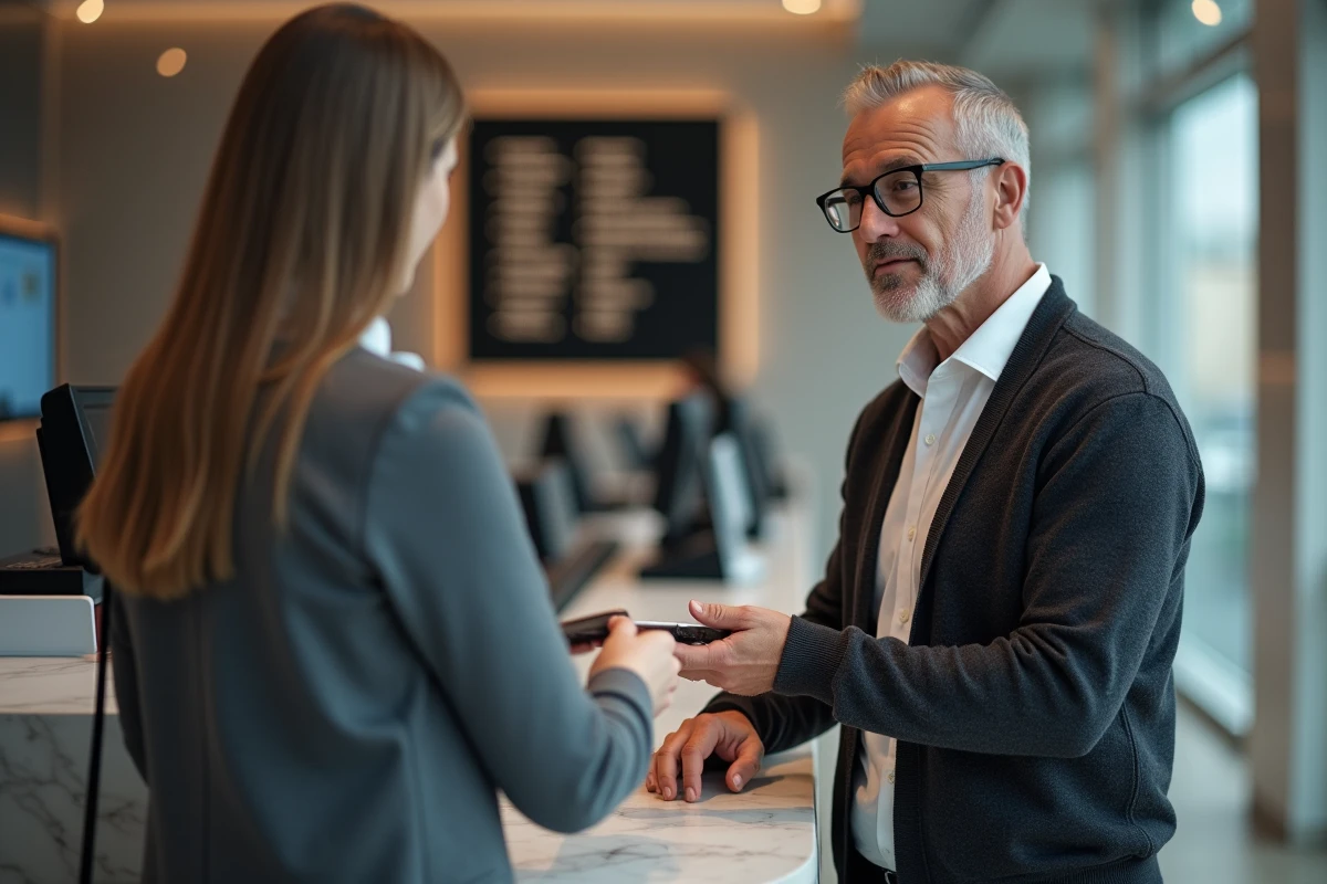 Homme au guichet bancaire remettant sa carte de debit