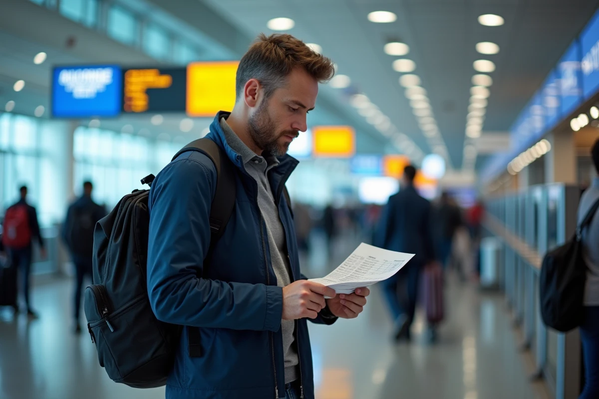 Homme à l'aéroport consultant un budget de voyage imprimé avant un départ international pour éviter les mauvaises surprises financières