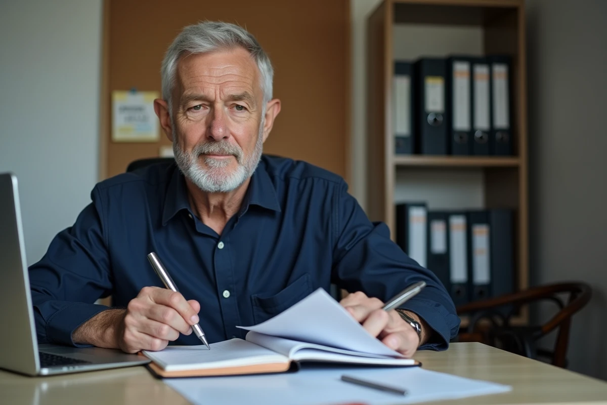 Homme consultant un calendrier invalidité 2026 en PDF sur ordinateur portable dans un bureau à domicile