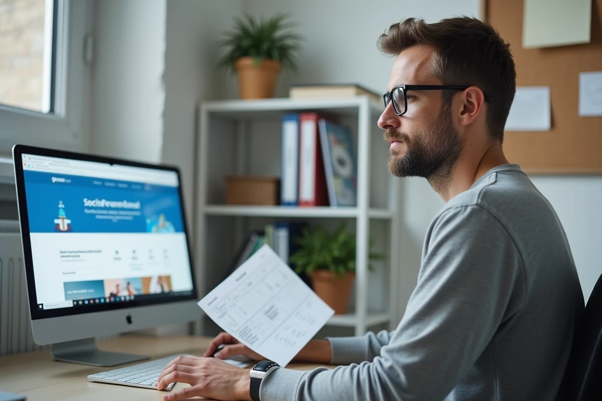 Homme d'âge moyen vérifiant les dates de versement de sa pension d'invalidité sur un site gouvernemental depuis son bureau à domicile