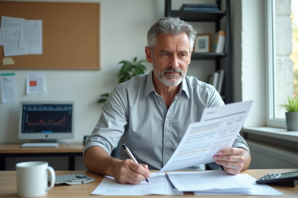 Homme en bureau à domicile comparant des formulaires CERFA et des justificatifs pour crédits d'impôt et réductions fiscales
