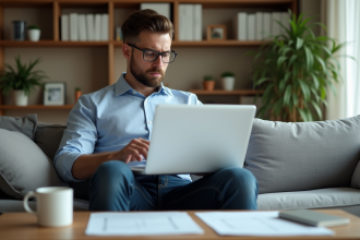 Homme d'affaires réfléchissant avec son laptop dans un salon lumineux