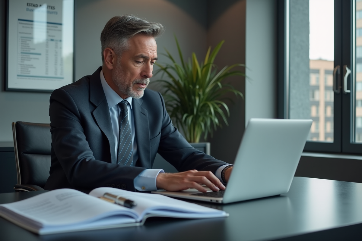 Homme en costume tape sur un ordinateur dans un bureau moderne