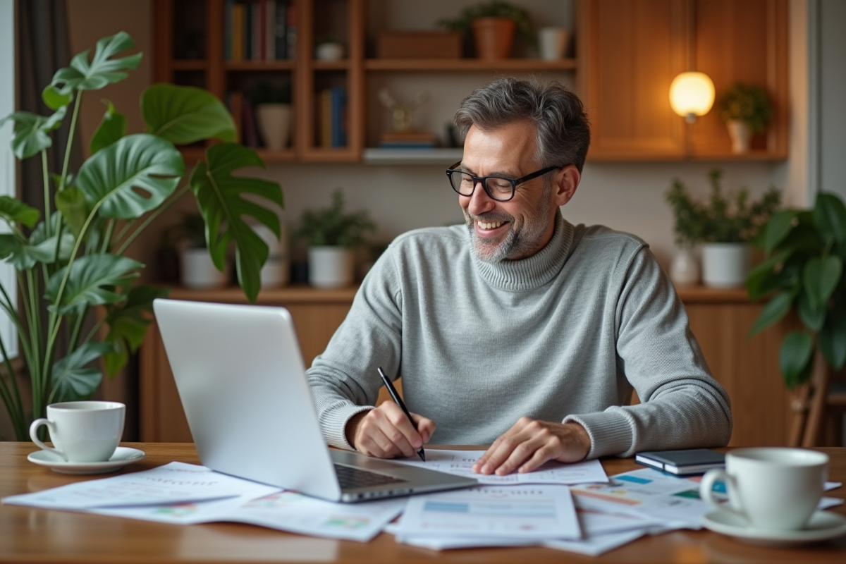Homme calculant à la maison avec documents et café