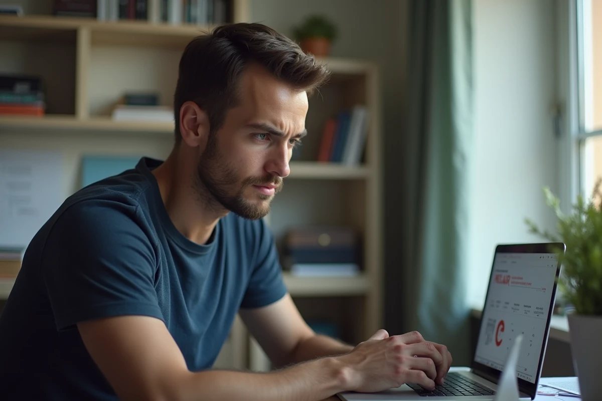 Homme vérifiant son compte bancaire en ligne après un virement CAF non reçu