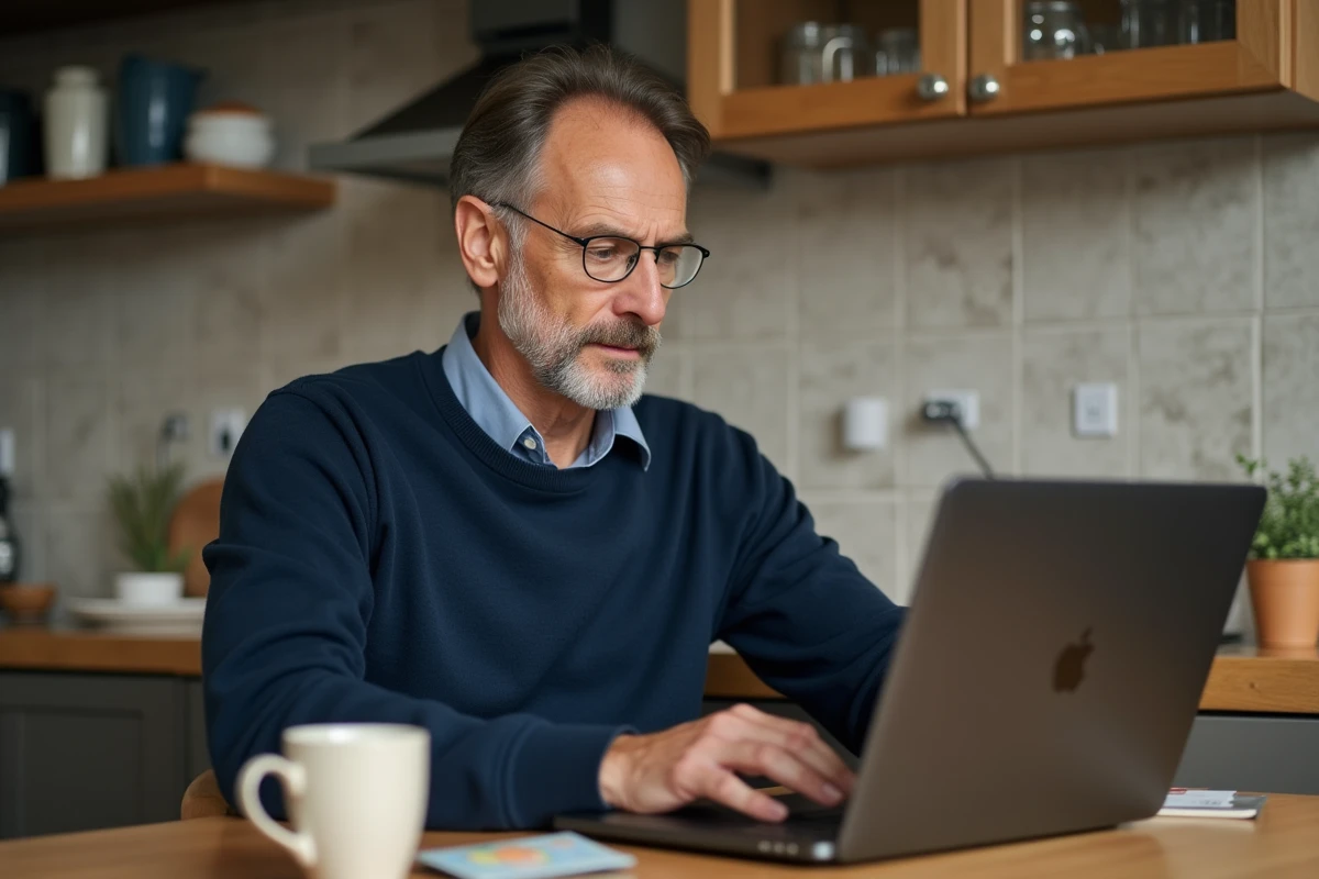Homme consultant son compte Bimpli CADO en ligne depuis son ordinateur à la maison