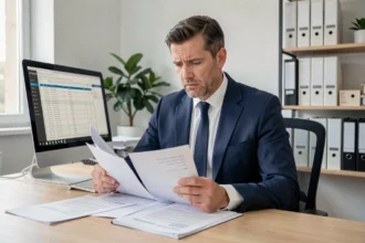 Un homme en costume bleu consulte des documents liés à un fichier d'assurance Préventel dans un bureau administratif moderne