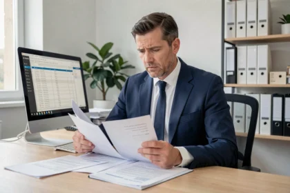 Un homme en costume bleu consulte des documents liés à un fichier d'assurance Préventel dans un bureau administratif moderne