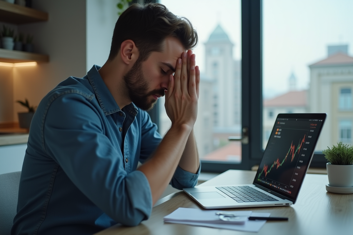 Homme inquiet regardant un graphique de cryptomonnaie sur son ordinateur