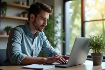 Jeune homme travaillant sur crypto dans un bureau moderne