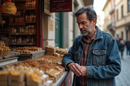 Homme d'&acirc;ge moyen examinant des sachets de tabac en Espagne
