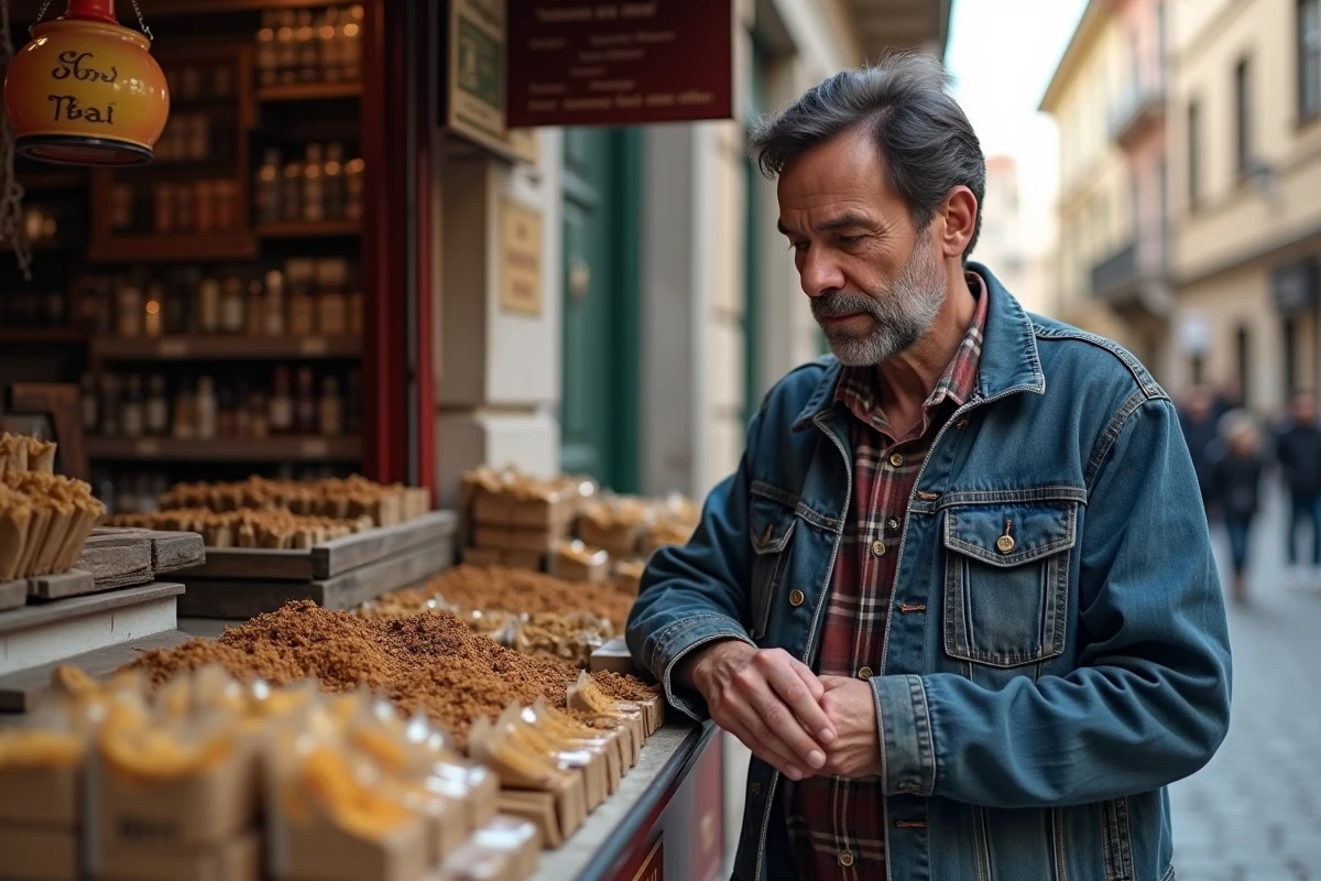 Homme d'âge moyen examinant des sachets de tabac en Espagne