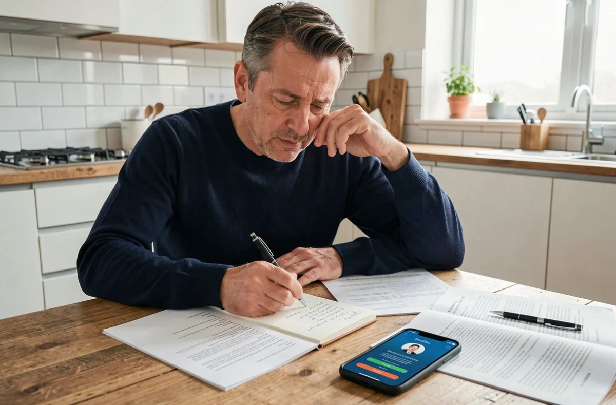 Homme préparant un dossier de réclamation avec documents et smartphone pour contacter Cetelem