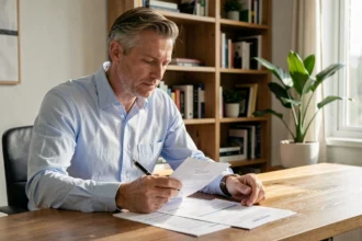 Homme de 40 ans en chemise bleue étudiant un contrat d'assurance emprunteur à son bureau à domicile