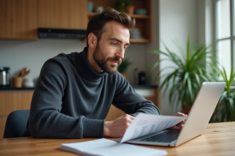 Homme d'affaires dans une cuisine moderne avec documents financiers