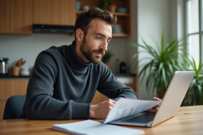 Homme d'affaires dans une cuisine moderne avec documents financiers