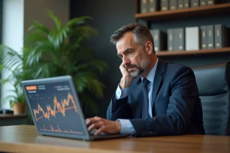 Homme d affaires en costume regardant un graphique financier sur son ordinateur