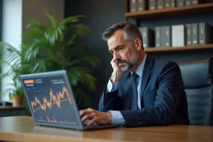 Homme d affaires en costume regardant un graphique financier sur son ordinateur