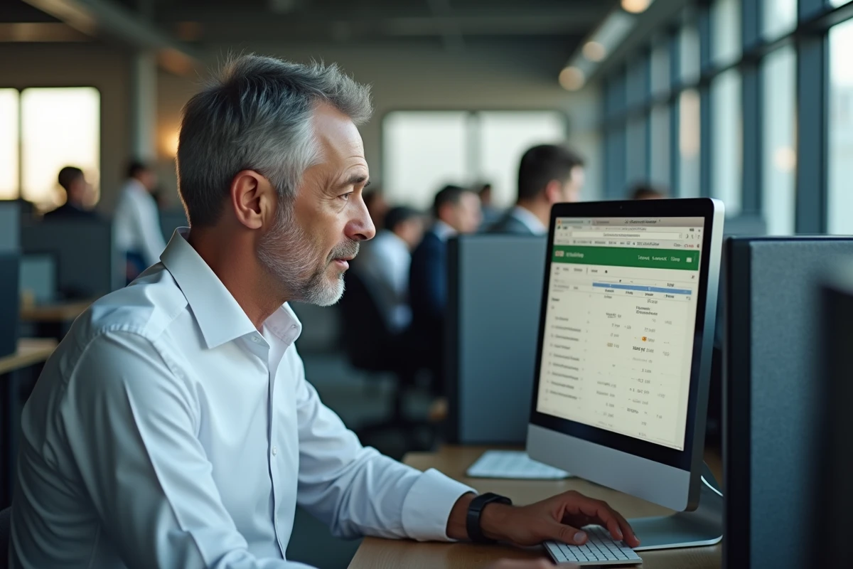 Homme d'affaires consultant une formule Excel de conversion d'heures en centièmes sur un ordinateur de bureau en open space