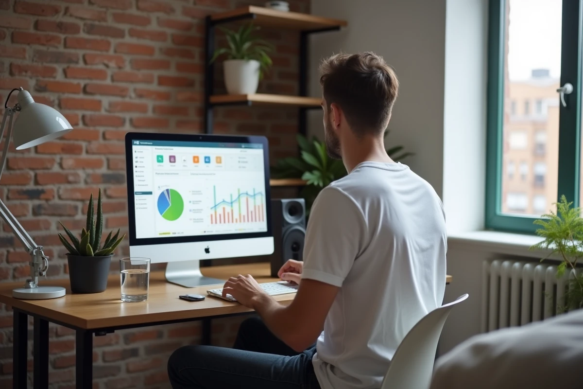 Homme gérant ses finances personnelles sur un ordinateur portable avec tableau de bord budgétaire