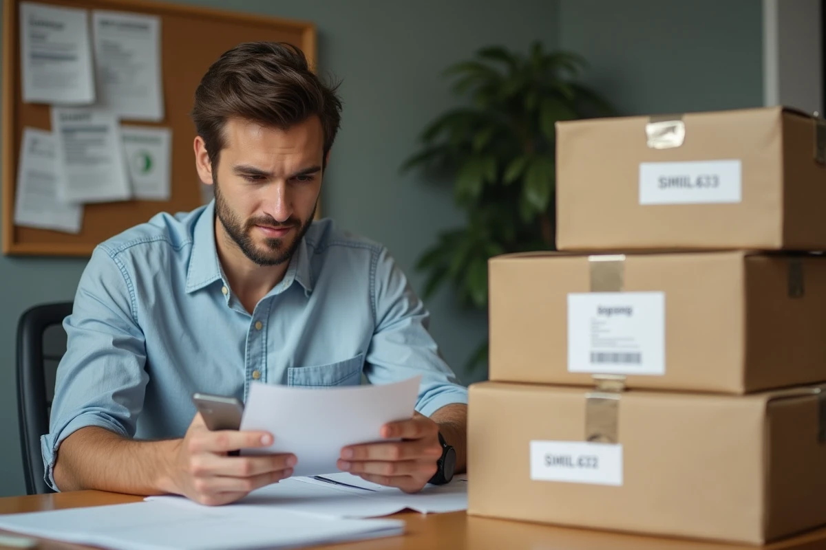 Jeune homme v&eacute;rifiant un document avec colis pr&ecirc;ts &agrave; exp&eacute;dier
