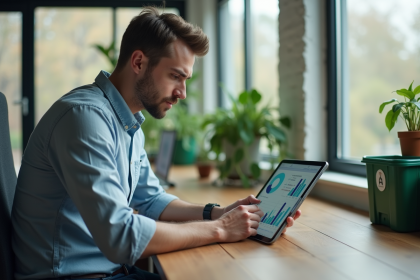Jeune homme d'affaires analysant des graphiques sur un tablet pour le credit carbone