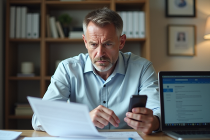 Homme inquiet regardant une lettre dans un bureau à domicile
