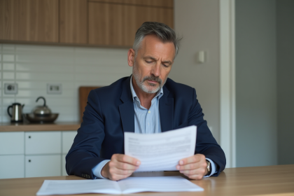 Homme d'&acirc;ge moyen examine des documents bancaires &agrave; la maison