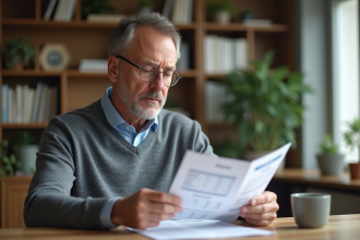 Homme d'âge moyen étudiant un rapport financier chez lui