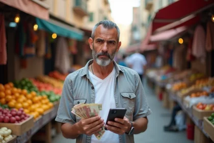 Homme confus dans un march&eacute; marocain en &eacute;t&eacute; avec billets et smartphone