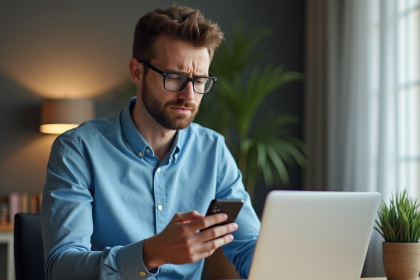 Jeune homme frustré regardant son smartphone dans un bureau moderne