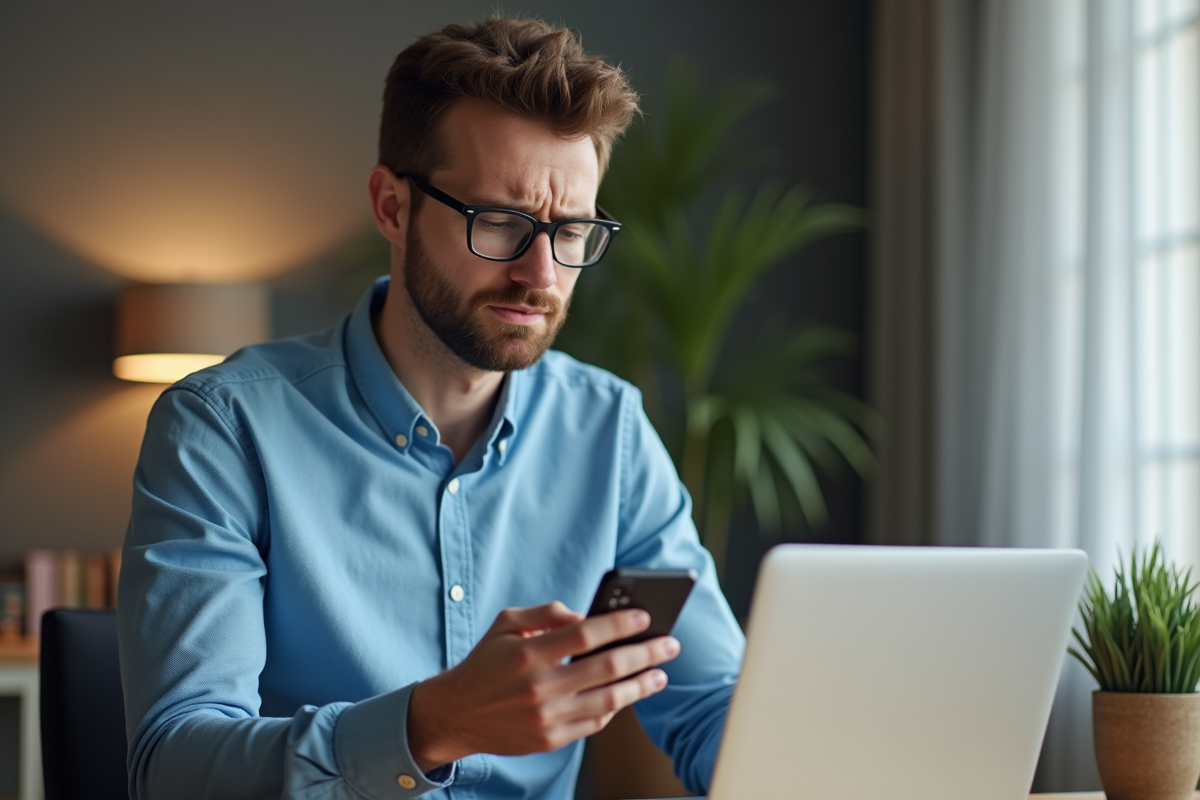 Jeune homme frustré regardant son smartphone dans un bureau moderne