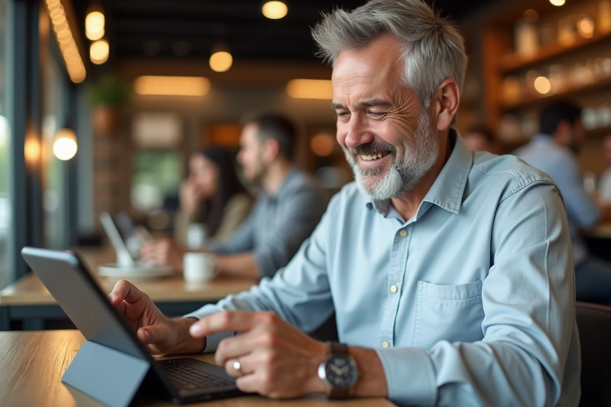 Homme au caf&eacute; utilisant une tablette pour payer