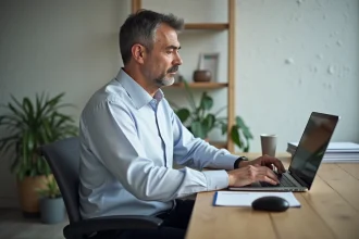 Homme d'âge moyen payant ses amendes en ligne au bureau