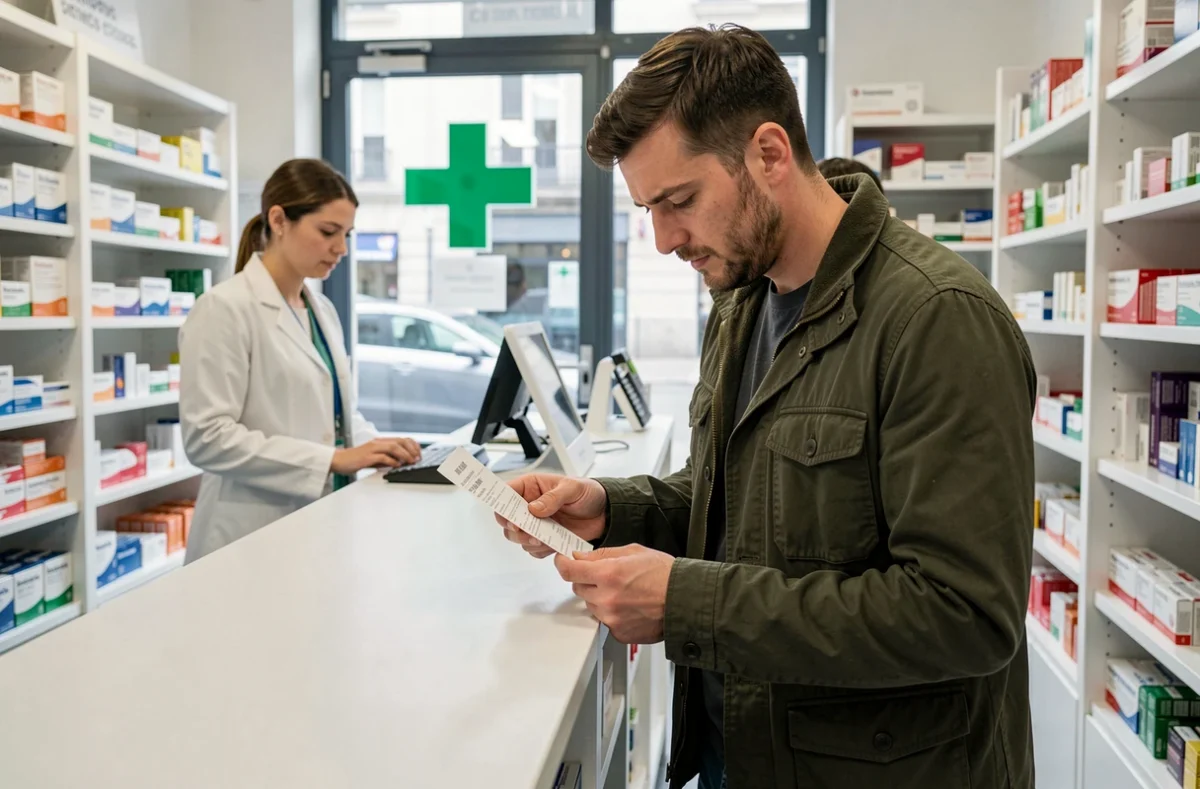 Homme consultant sa facture de pharmacie sans complémentaire santé dans une pharmacie française