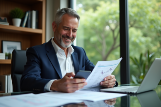 Homme d'âge moyen en costume bleu consulte son portefeuille