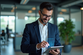 Homme professionnel regardant des graphiques sur une tablette
