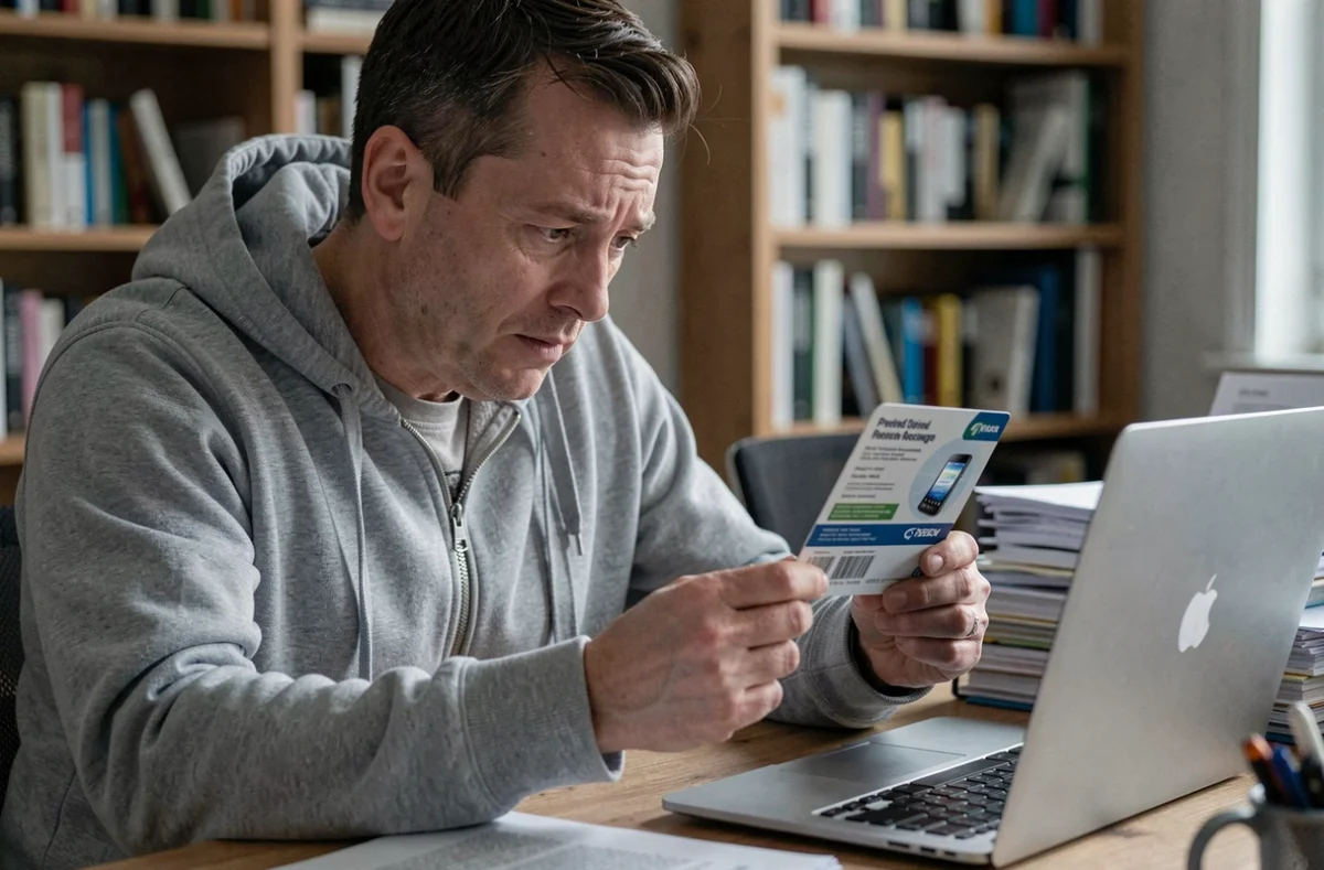 Homme lisant attentivement un coupon de recharge de carte prépayée mobile à son bureau à domicile