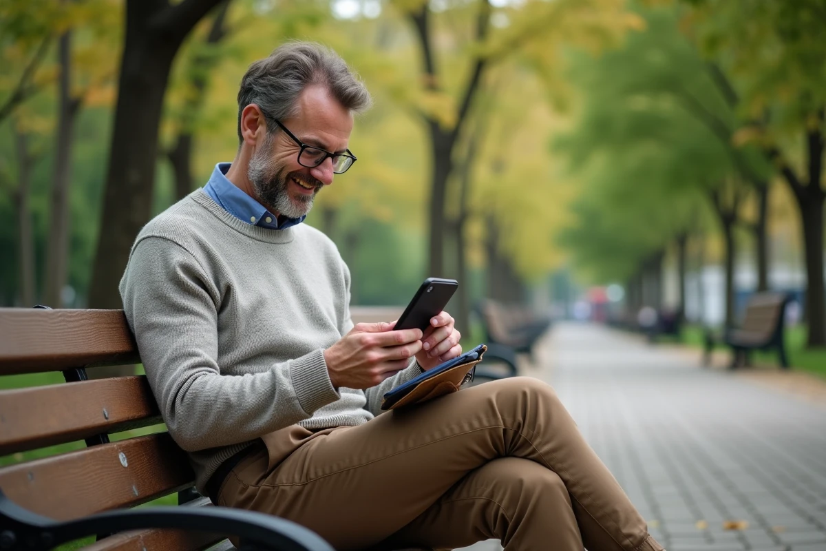 Homme assis sur un banc de parc utilisant son smartphone