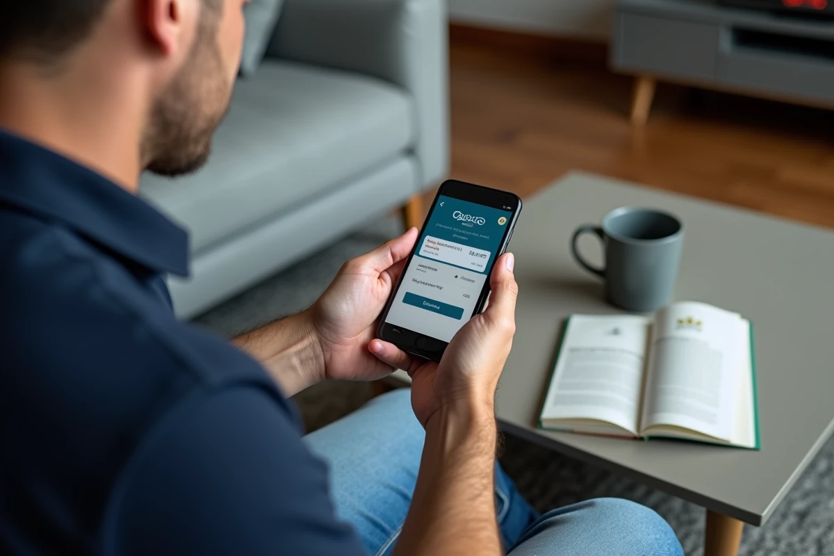 Homme utilisant son smartphone pour convertir un chèque Cadhoc en bon d'achat Amazon depuis son salon