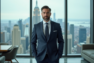 Homme d'âge moyen en costume bleu dans un bureau moderne