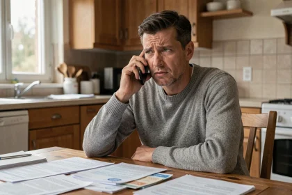 Homme confus au téléphone cherchant le numéro Cetelem avec des documents éparpillés sur une table