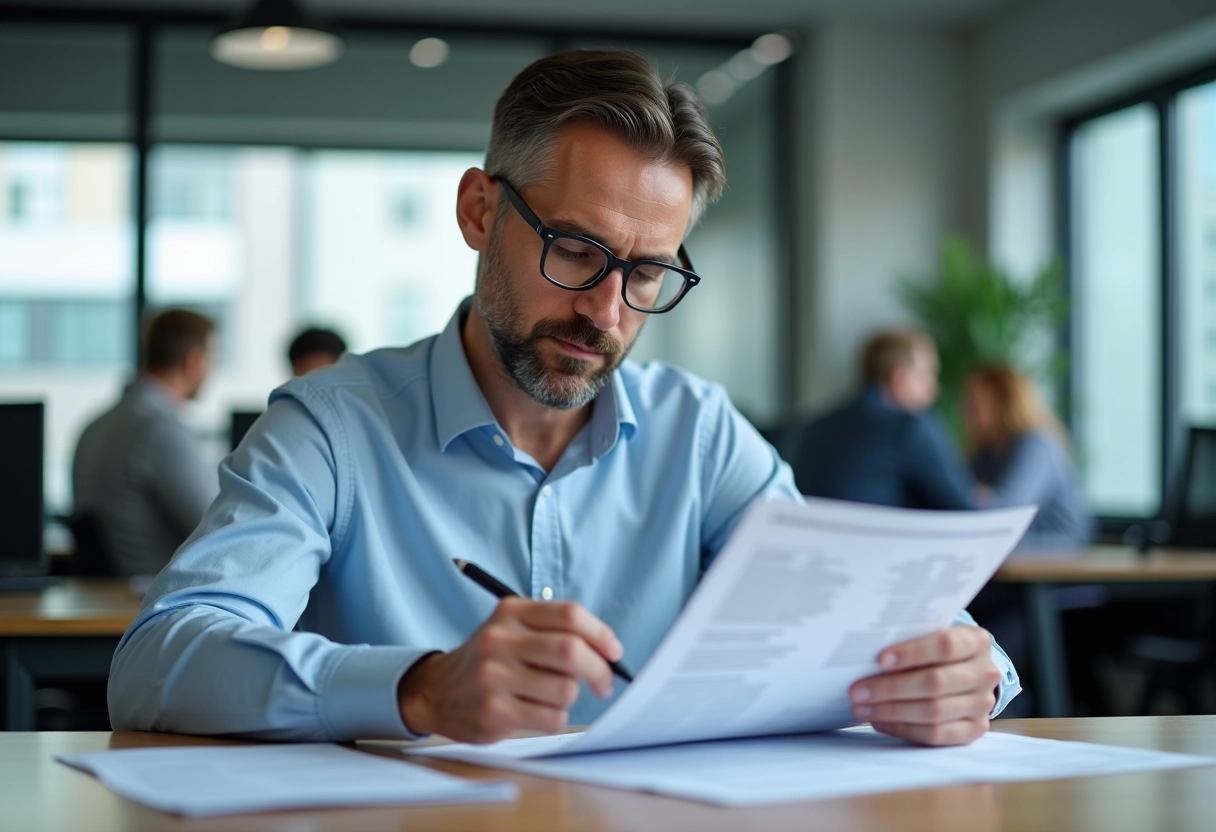 Homme vérifiant des papiers dans un bureau professionnel