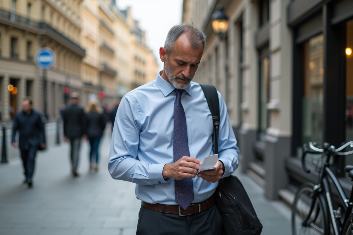 Homme vérifiant son reçu dans une rue urbaine animée