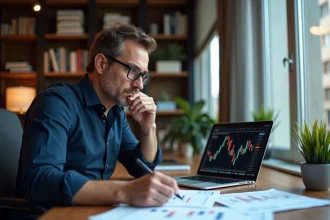 Investisseur analysant des prévisions boursières sur des graphiques financiers imprimés et un écran d'ordinateur portable en 2026
